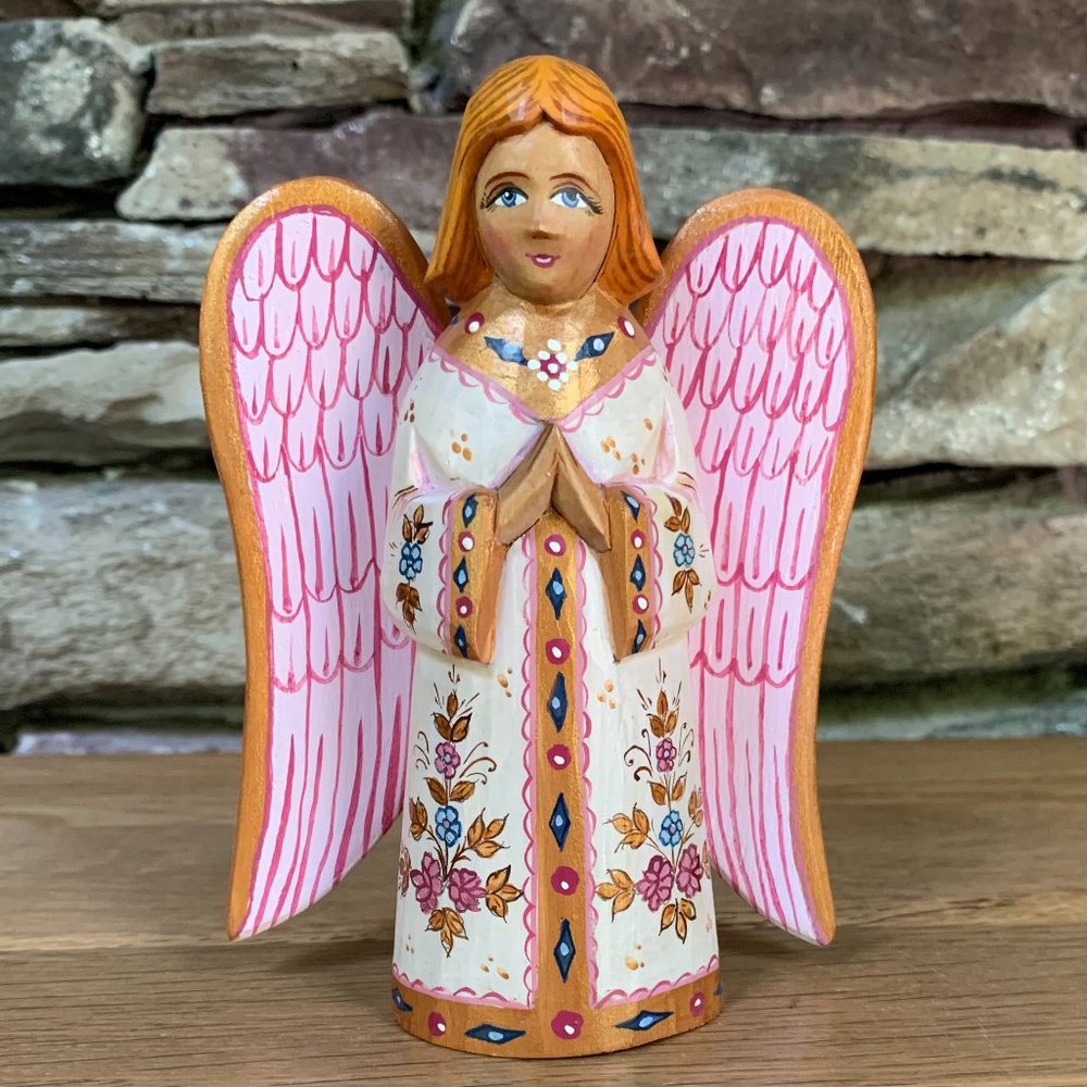 Russian Angel Hand Crafted Wood Painted Praying Pink Christian Folk Art Russia